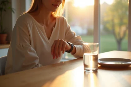 Femme consultant sa montre le matin pour débuter son jeûne intermittent, cuisine lumineuse avec verre d'eau