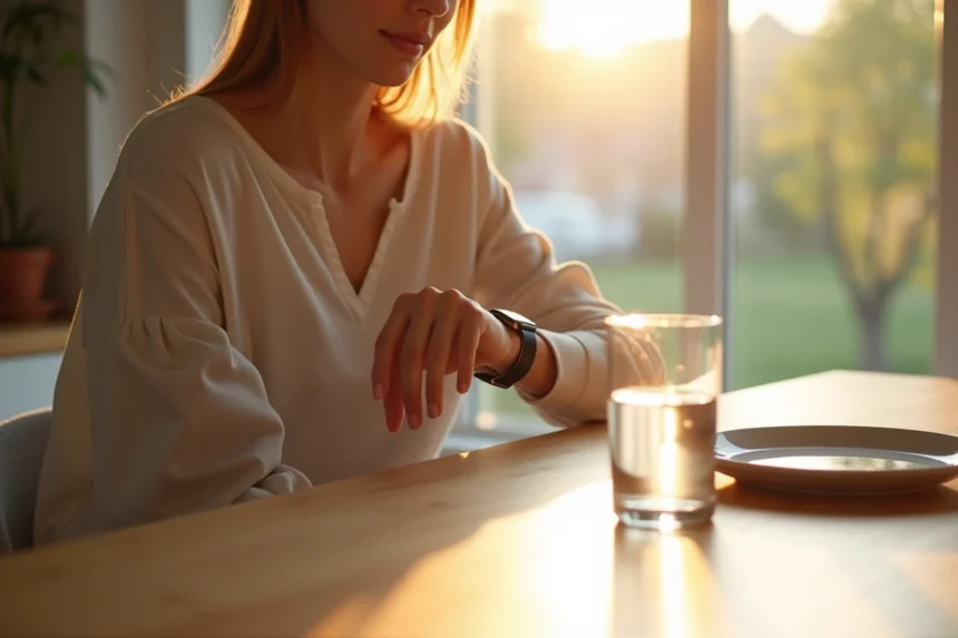 Femme consultant sa montre le matin pour débuter son jeûne intermittent, cuisine lumineuse avec verre d'eau