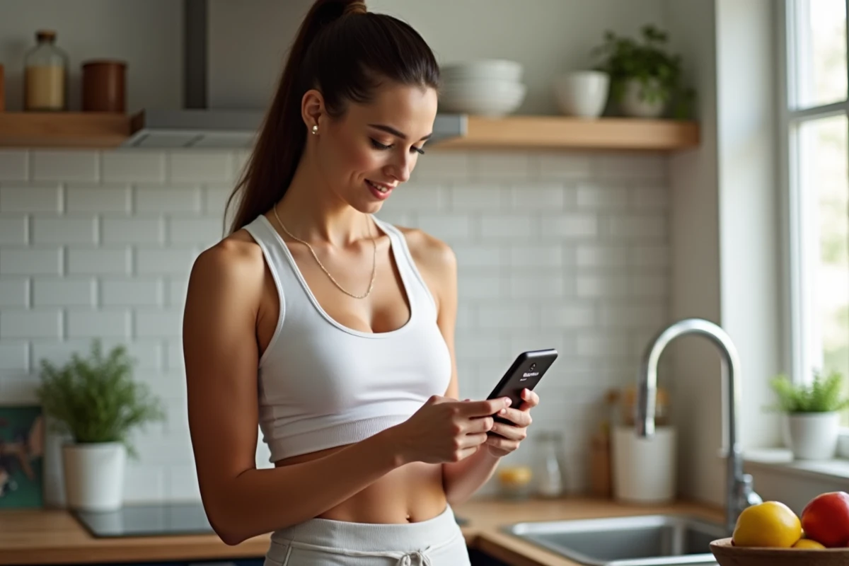Femme consultant son application de calendrier jeûne intermittent - suivi nutrition santé