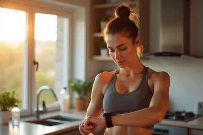 Femme sportive regardant sa montre pendant le jeûne intermittent le matin