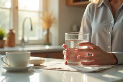 Femme tenant un verre d'eau pendant le jeûne intermittent - hydratation et régime