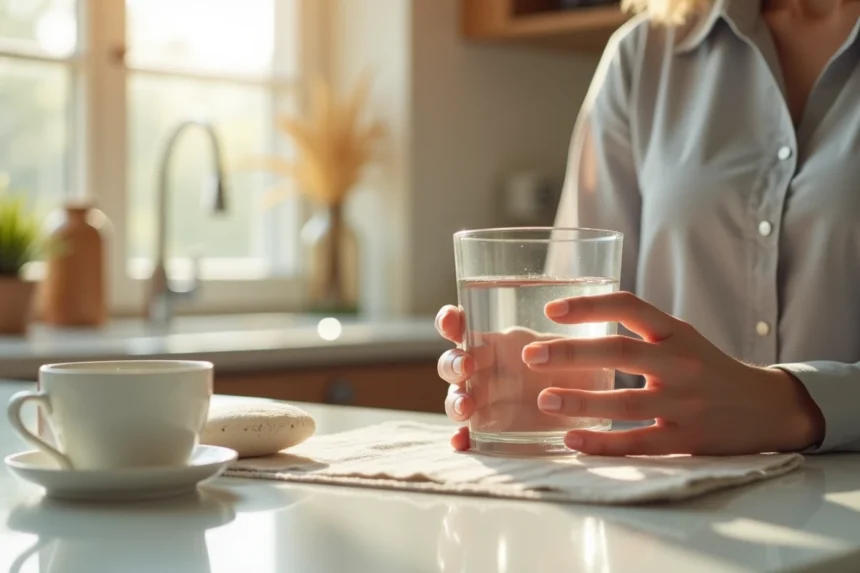 Femme tenant un verre d'eau pendant le jeûne intermittent - hydratation et régime