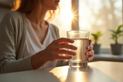 Femme buvant de l'eau pendant le jeûne intermittent le matin dans une cuisine moderne
