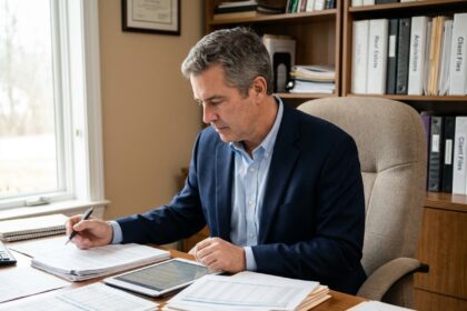 homme d'affaires consultant des documents immobiliers à son bureau pour planifier un investissement locatif sécurisé