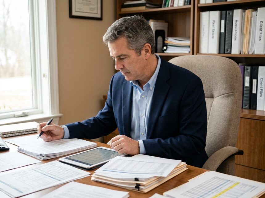 homme d'affaires consultant des documents immobiliers à son bureau pour planifier un investissement locatif sécurisé
