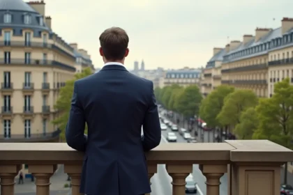 Homme en costume sur un balcon haussmannien surplombant Paris, symbolisant l'investissement immobilier de prestige