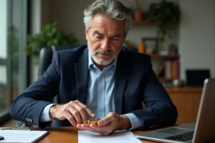 homme d'âge moyen examinant un lingot d'or dans son bureau, investissement en or physique 2026