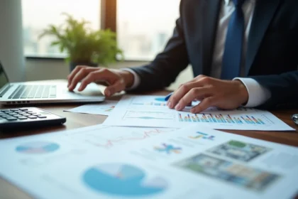 Investisseur analysant des documents d'investissement immobilier et SCPI sur son bureau avec ordinateur portable