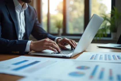 Investisseur analysant un portefeuille immobilier avec documents financiers et graphiques sur un bureau