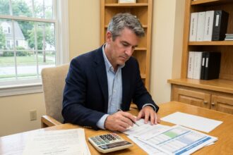 Homme d'âge mûr analysant des documents immobiliers et un calculatrice à son bureau pour étudier un investissement locatif