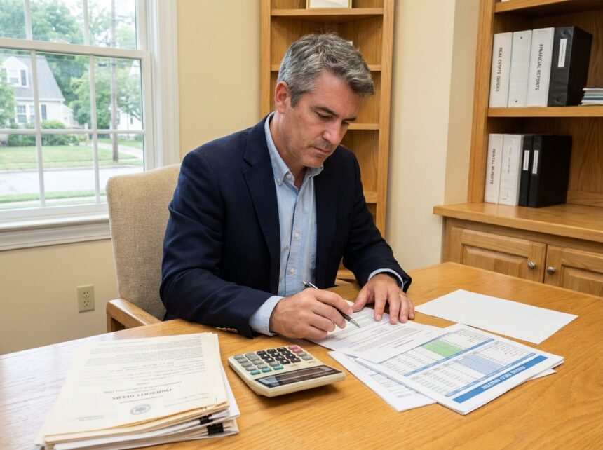 Homme d'âge mûr analysant des documents immobiliers et un calculatrice à son bureau pour étudier un investissement locatif