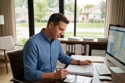 Investisseur immobilier consultant des documents financiers et plans d'investissement dans un bureau professionnel