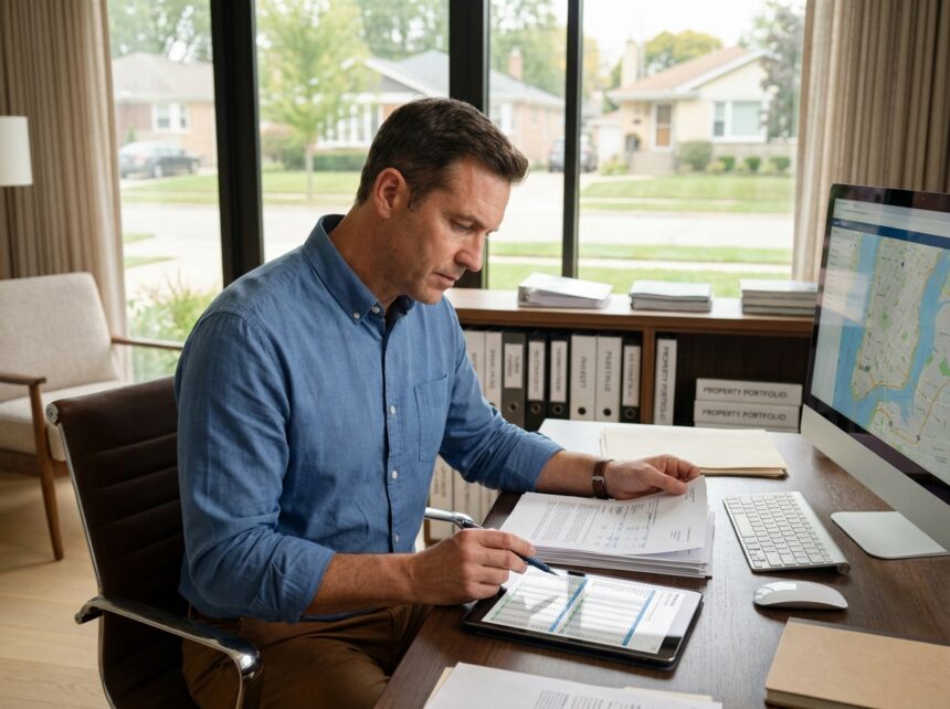 Investisseur immobilier consultant des documents financiers et plans d'investissement dans un bureau professionnel
