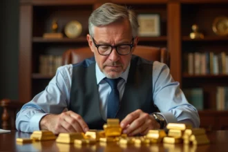 homme d'affaires examinant des lingots d'or et des pièces précieuses sur un bureau en acajou dans un bureau professionnel