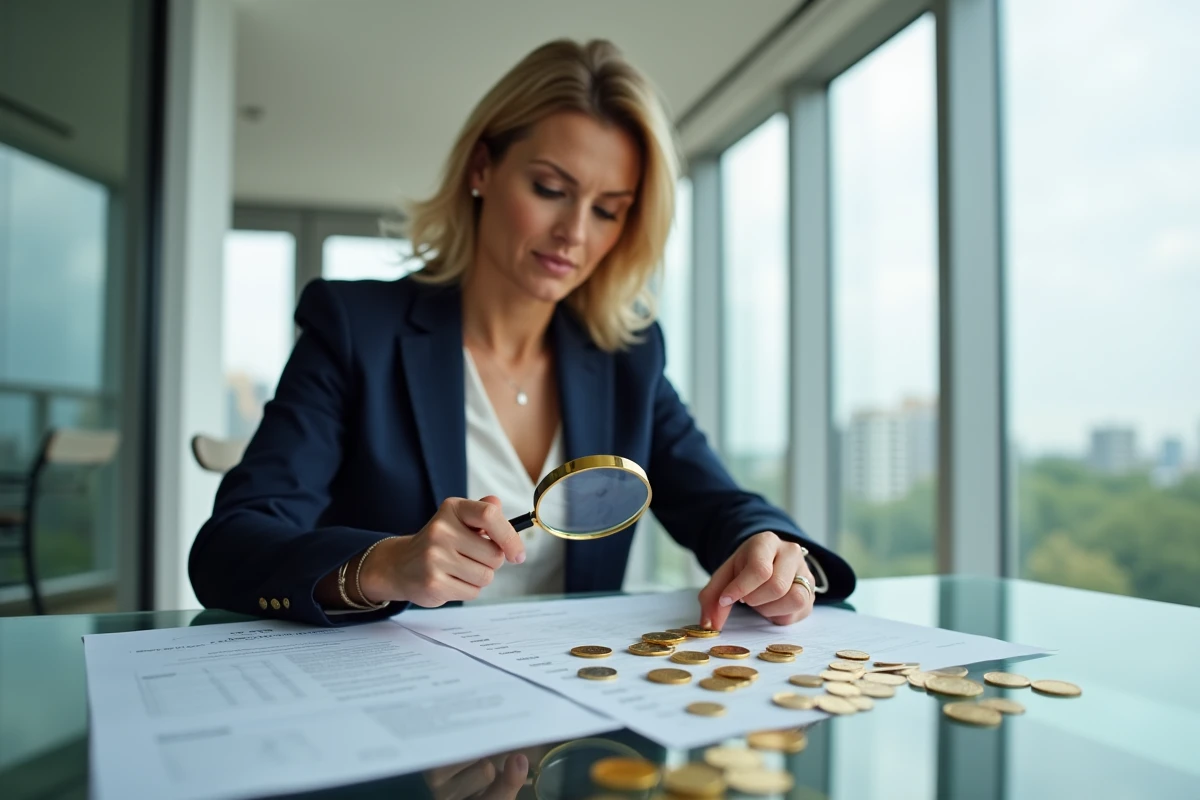 femme investisseur analysant des pièces d'or et des documents financiers dans un bureau moderne