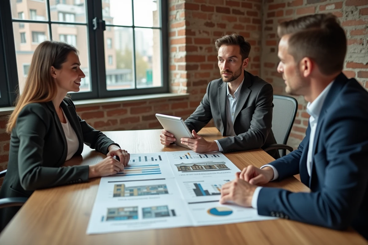 Groupe d'investisseurs examinent ensemble des documents d'investissement SCPI et des graphiques de performance autour d'une table de réunion
