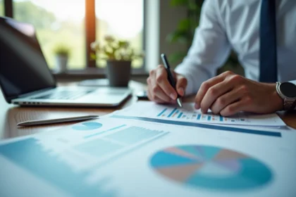 Investisseur analysant des documents financiers et des graphiques d'investissement immobilier collectif