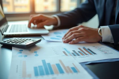 Investisseur analysant des documents financiers et des graphiques d'investissement immobilier avec un ordinateur portable