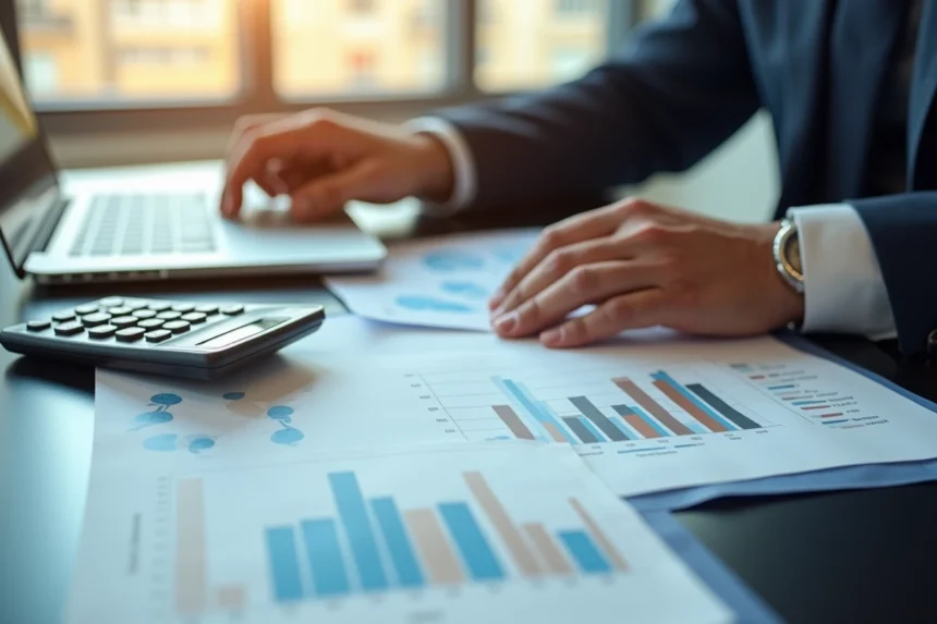 Investisseur analysant des documents financiers et des graphiques d'investissement immobilier avec un ordinateur portable