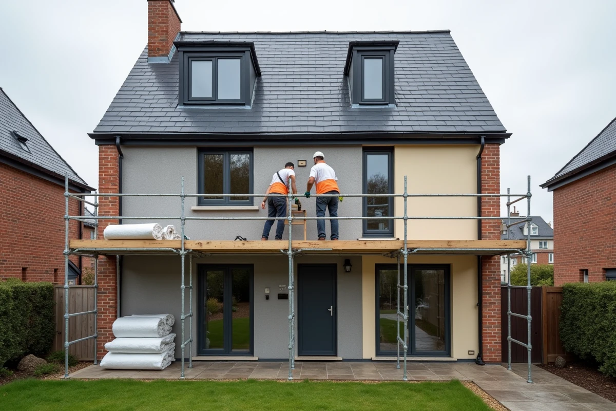 Des ouvriers installent une isolation thermique par l'extérieur sur la façade d'une maison individuelle française en rénovation