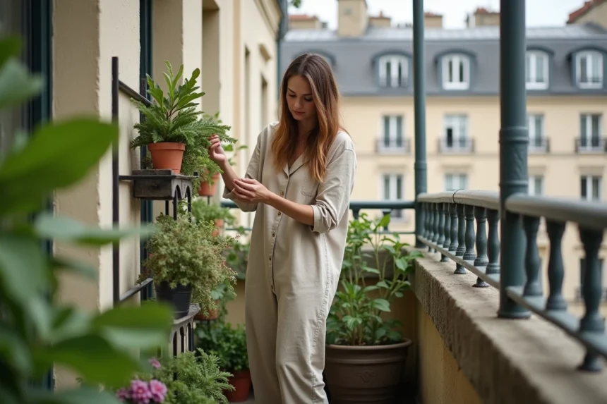Femme aménageant un jardin vertical compact sur un petit balcon urbain en ville avec des pots de fleurs et des structures suspendues
