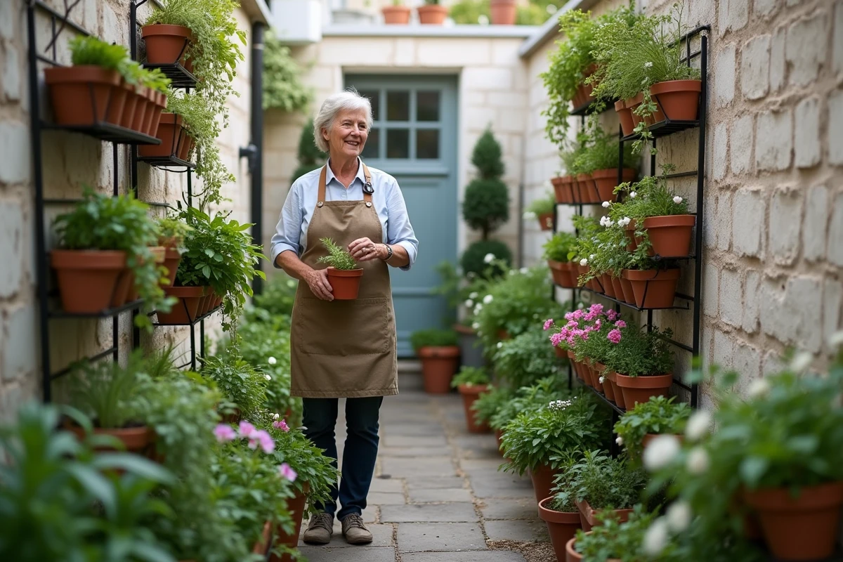 Femme aménageant jardin paysagé en petite cour urbaine avec bacs à étages et plantes suspendues