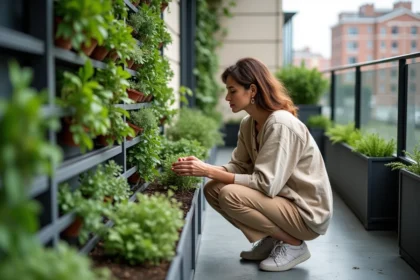 Femme aménageant un jardin vertical compact sur un petit balcon urbain avec des plantes en pot et une structure de treillis