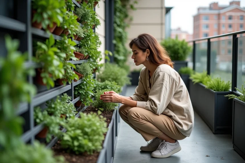 Femme aménageant un jardin vertical compact sur un petit balcon urbain avec des plantes en pot et une structure de treillis