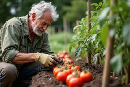 Jardinier expérimenté examinant des plants de tomates rouges mûres dans un potager d'été avec tuteurs en bois