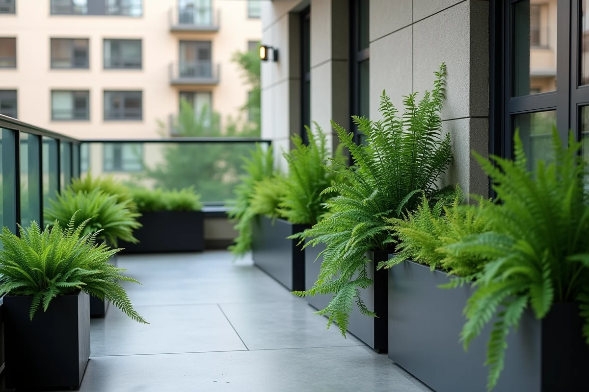 Aménagement balcon nord avec plantes de feuillage : hostas et fougères en jardinières modernes