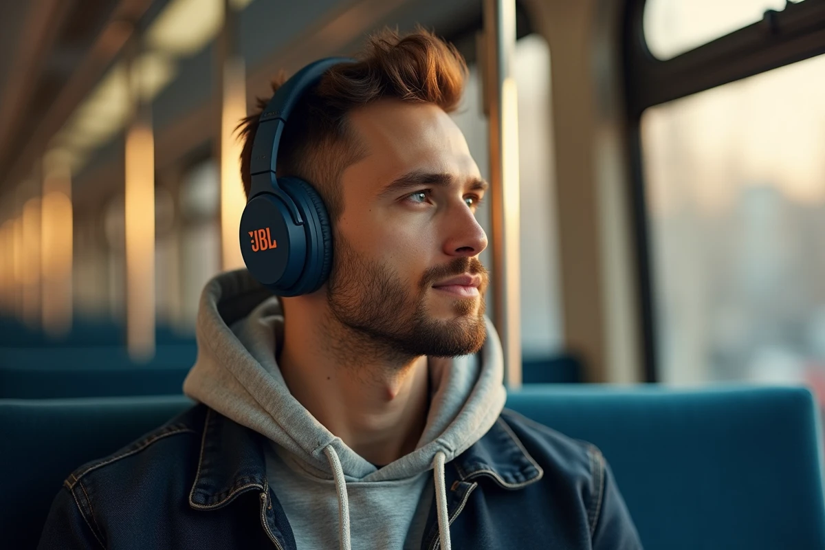 Homme portant un casque JBL Tour One M3 bleu marine dans le métro lors d'un trajet quotidien