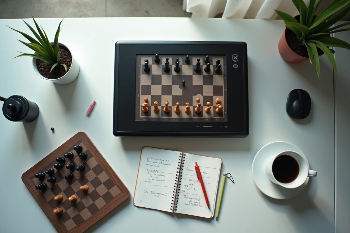 Vue de dessus d'un jeu d'échecs électronique avec pièces en position de jeu et carnet d'analyse