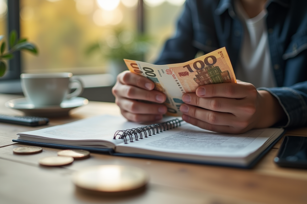 Jeune adulte tenant des billets et pièces d euro sur un bureau