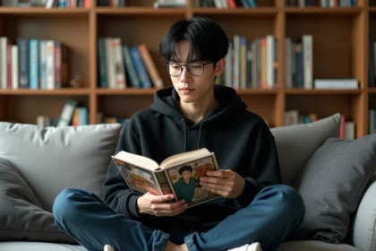 jeune homme lisant un manga yaoi sur un canapé dans un appartement moderne avec bibliothèque de mangas