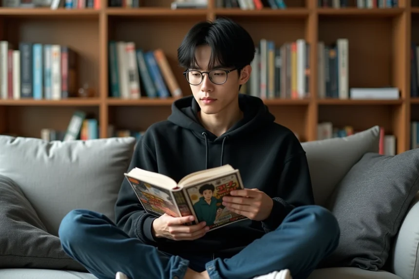 jeune homme lisant un manga yaoi sur un canapé dans un appartement moderne avec bibliothèque de mangas