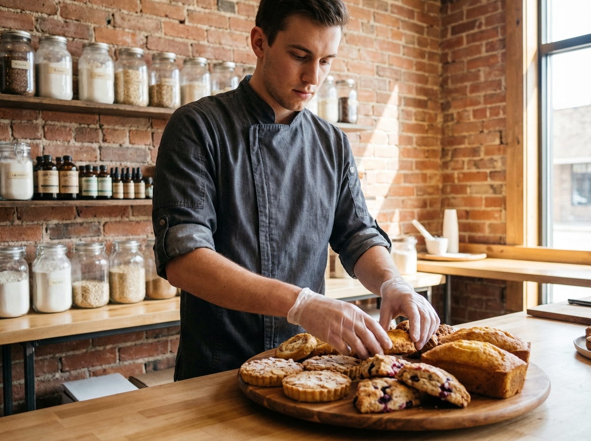 Chef arrangeant des pâtisseries sans gluten