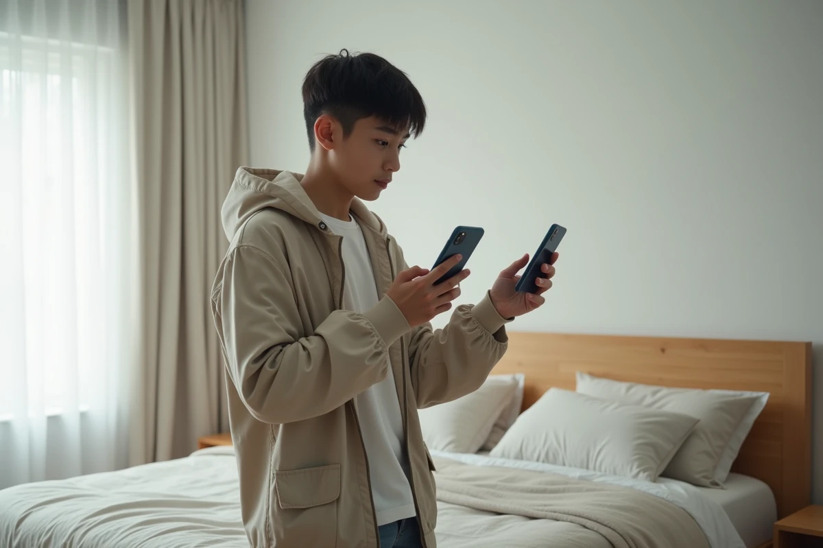 jeune étudiant comparant deux téléphones mobiles près d'une fenêtre dans une chambre lumineuse