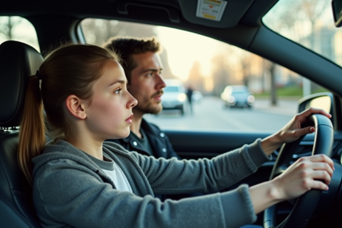 Jeune conducteur concentré dans une voiture d'auto école en ville