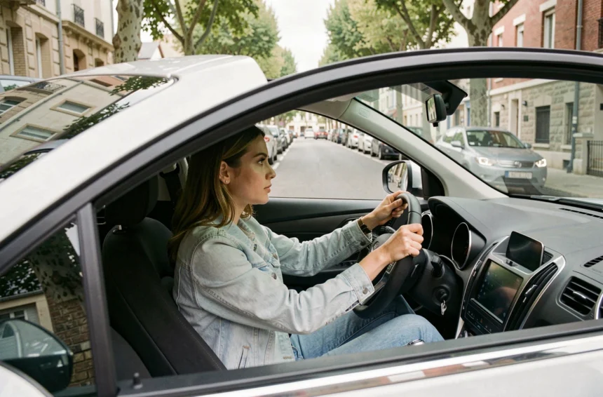 Jeune femme apprenant à conduire dans une voiture d'auto-école dans une rue de Saint-Quentin