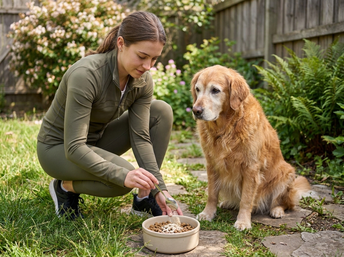 Jeune femme mélange un complément alimentaire en poudre dans la gamelle de son vieux chien golden retriever au jardin