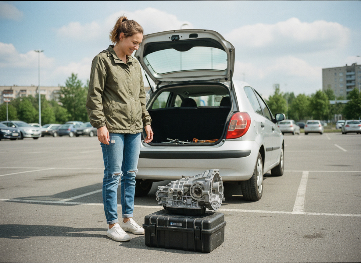 Jeune femme souriante près de sa voiture réparée dans un parking