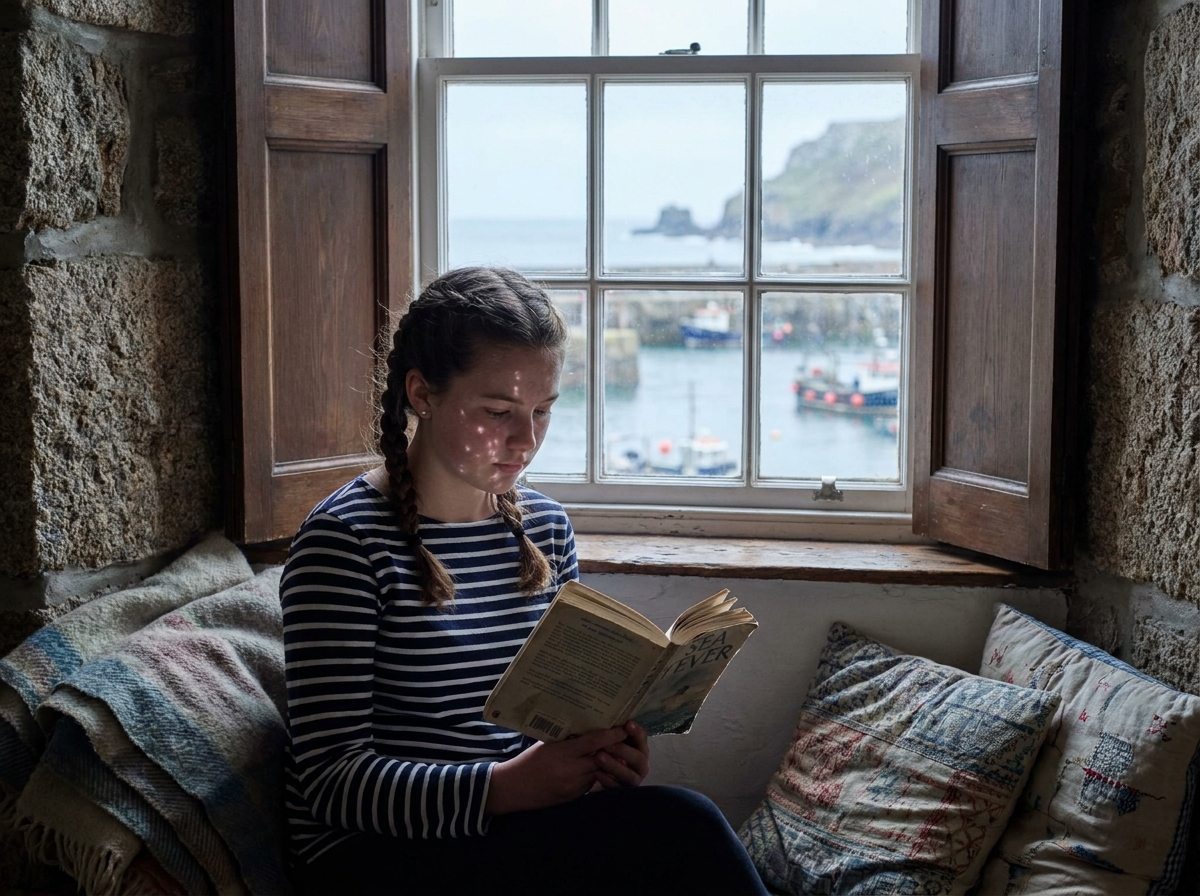 Adolescente lisant près d'une fenêtre en pierre ancienne avec vue sur le port de Saint-Malo