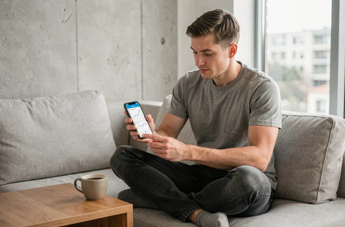 Jeune homme adulte utilisant une application de mathématiques sur smartphone dans un salon moderne et minimaliste