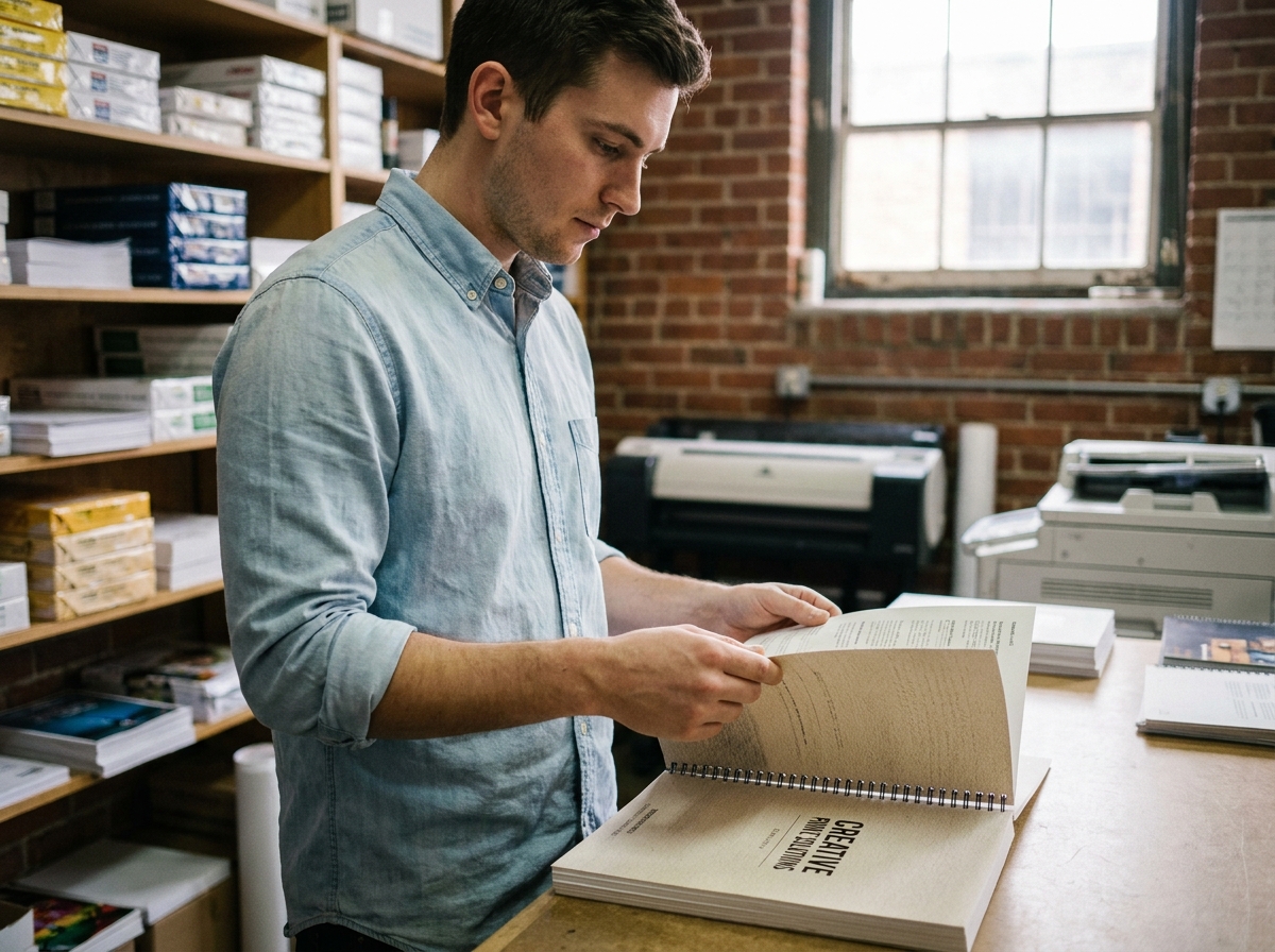 Jeune homme tient un catalogue dans une imprimerie