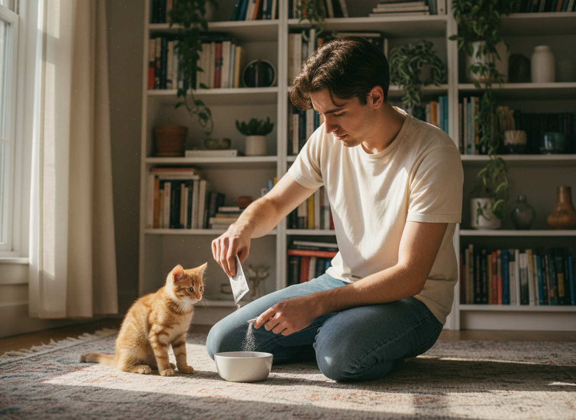 Jeune homme donnant des suppléments à son chat dans le salon