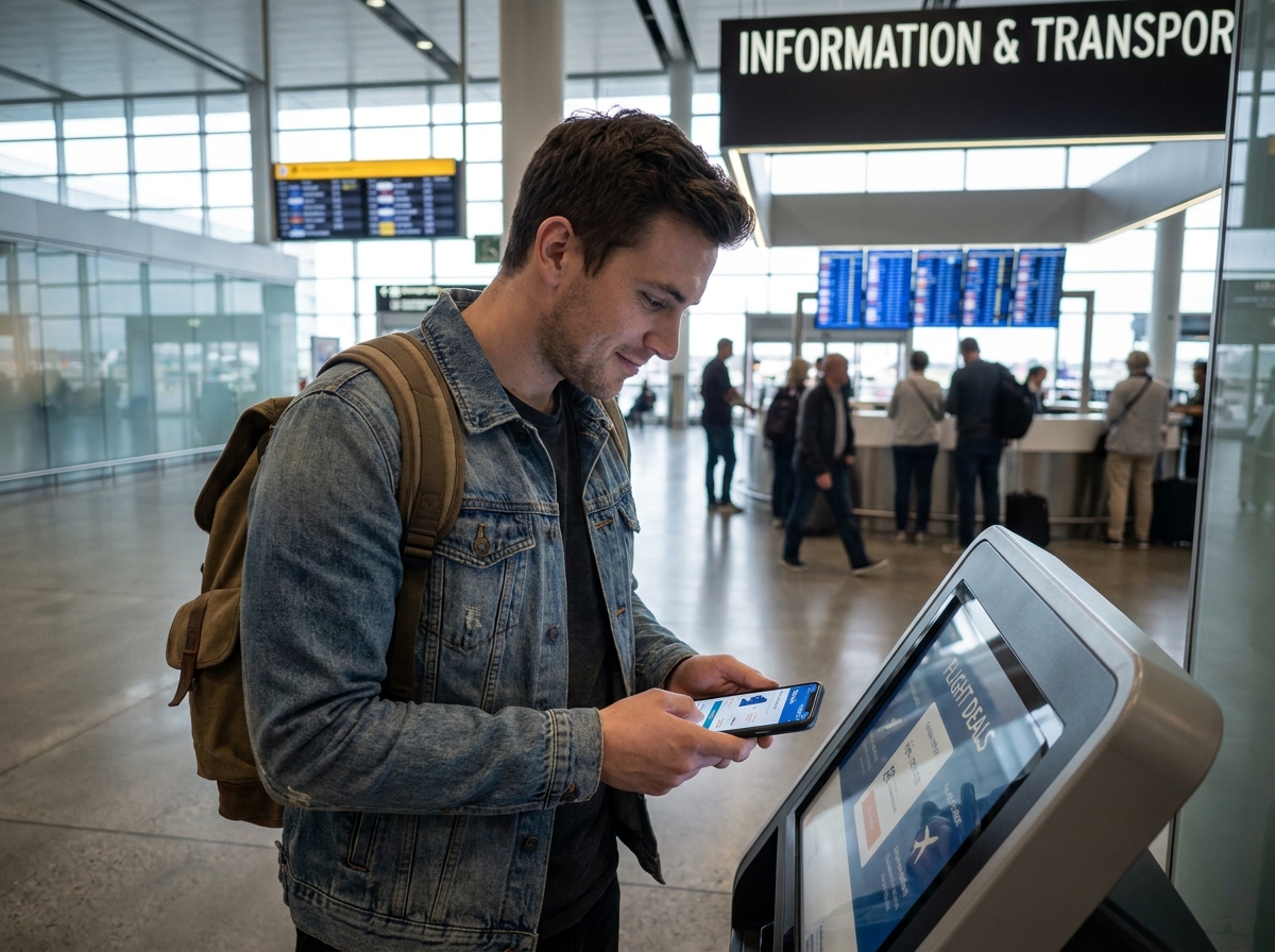 jeune homme consultant les tarifs des vols sur son téléphone mobile à l'aéroport