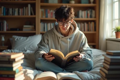 Jeune adulte lisant des mangas yaoi dans sa chambre confortable avec une collection de boys love