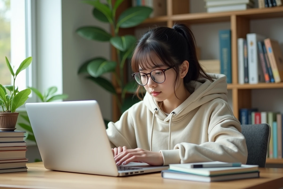 Adolescente lisant un manga boys love à son bureau avec ordinateur portable et collection de mangas, illustrant la communauté des lecteurs français