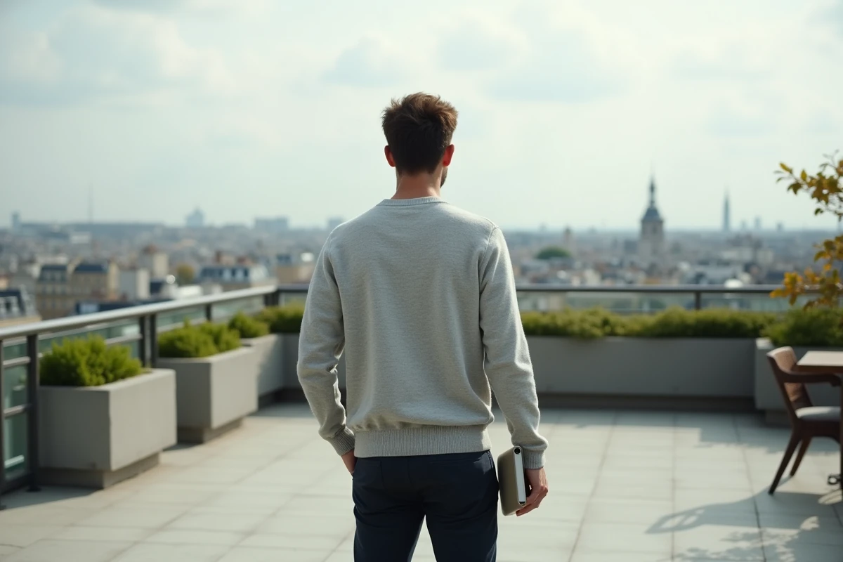 Jeune professionnel en contemplation sur un toit d'entreprise parisienne, symbolisant la quête de sens et d'épanouissement dans sa carrière