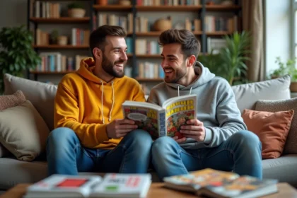 Deux jeunes hommes lisant un manga dans un salon chaleureux